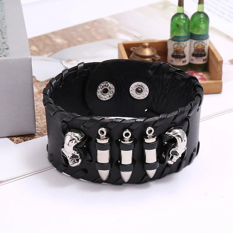 Skull Genuine Leather Wide Bracelet Punk Style Woven Cowhide Metal Skull+Bullet Bracelet Male Personalized Wristband Accessory