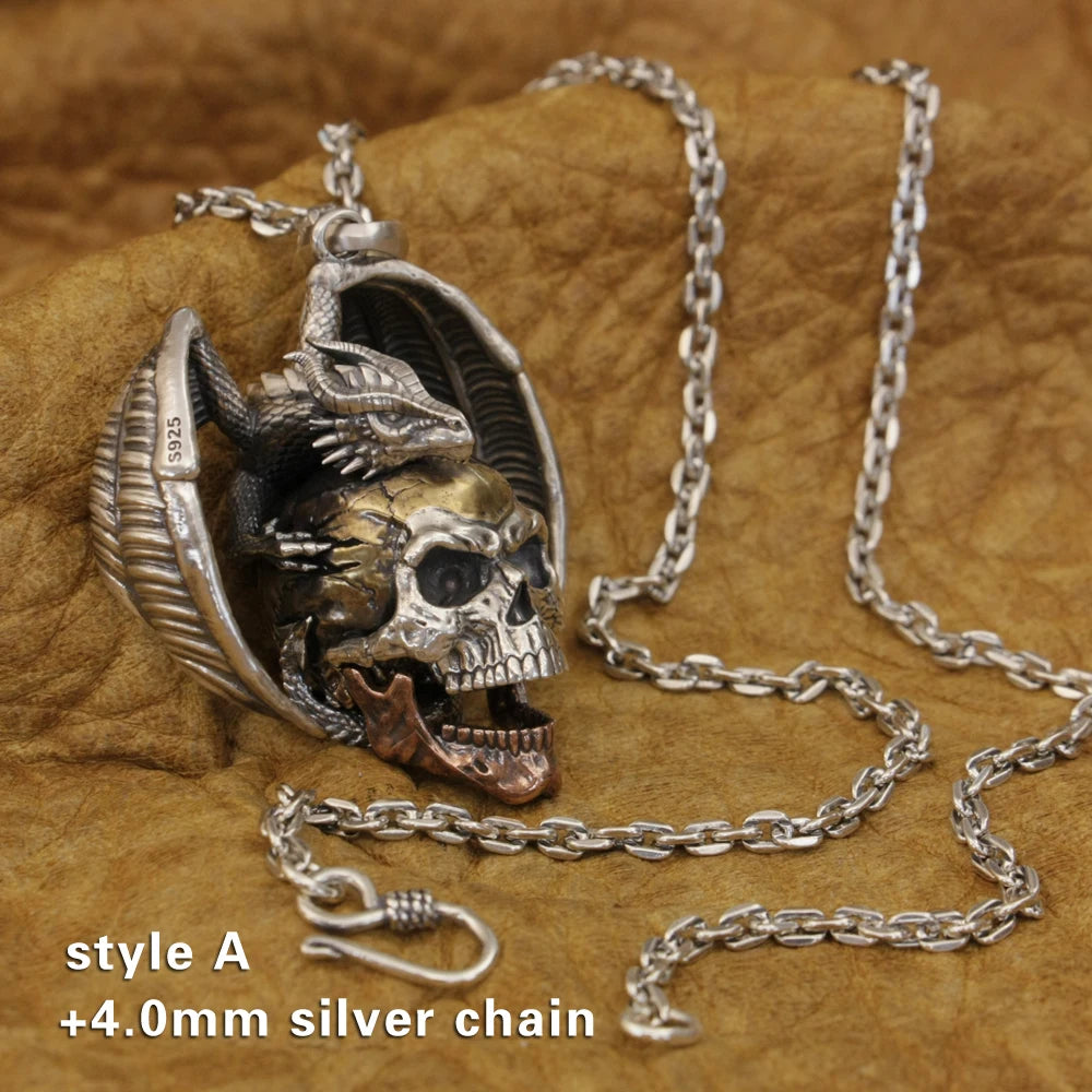 925 Sterling Silver Flying Dragon Punk Skull Pendant Details Biker Jewelry TA380