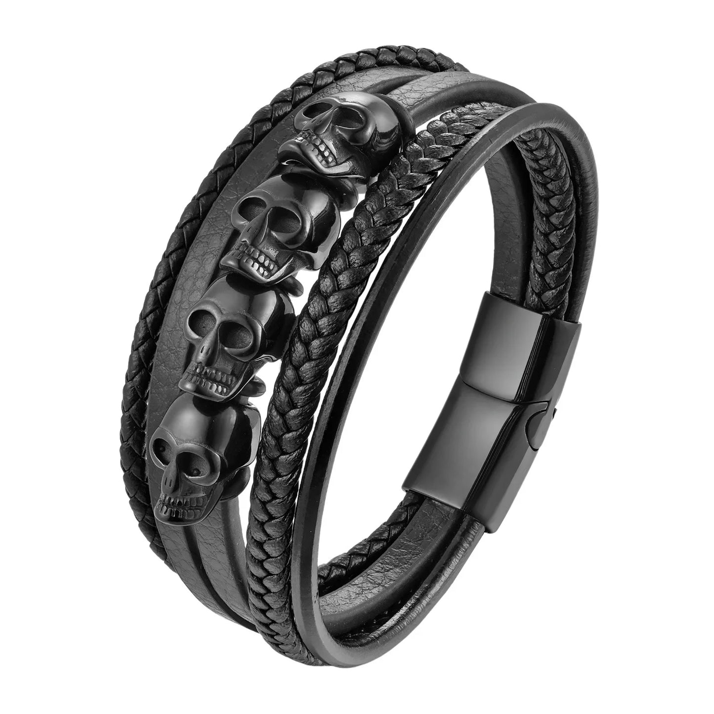 Hyperbole Men Jewelry Black Braided Leather Bracelets Stainless Steel Leahter Bracelets Cool Skull Bracelets Men Bracelet