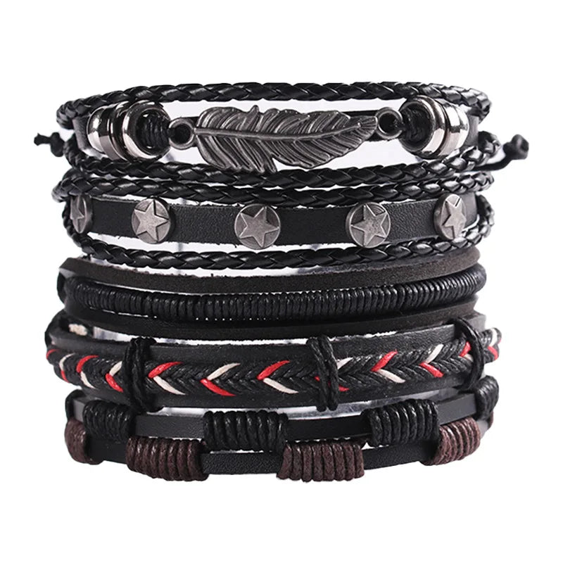 Fashion Viking Punk Bracelet For Men Hand Bracelets Multi-Layer Woven Skull Head Star Accessories Jewelry Leather Set Gifts