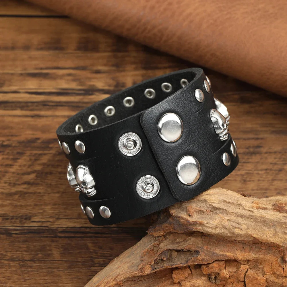 2024  Jewelry Handmade Weave Genuine Leather Bracelet Men Vintage Cuff Wide Leather Skull Bracelet Pulsera Hombre
