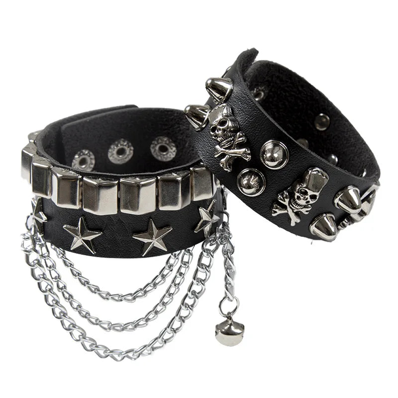 2PCS/Set Emo Goth Punk Bracelets Women Boho Skull Rivets PU Leather Bracelet Metal Chain Ball Tassels Bangles Festival Jewelry