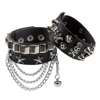 2PCS/Set Emo Goth Punk Bracelets Women Boho Skull Rivets PU Leather Bracelet Metal Chain Ball Tassels Bangles Festival Jewelry