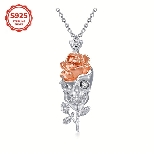 Skull Rose Necklace Pure Silvery Pendant Necklace Jewelry Gift for Wife Girlfriend