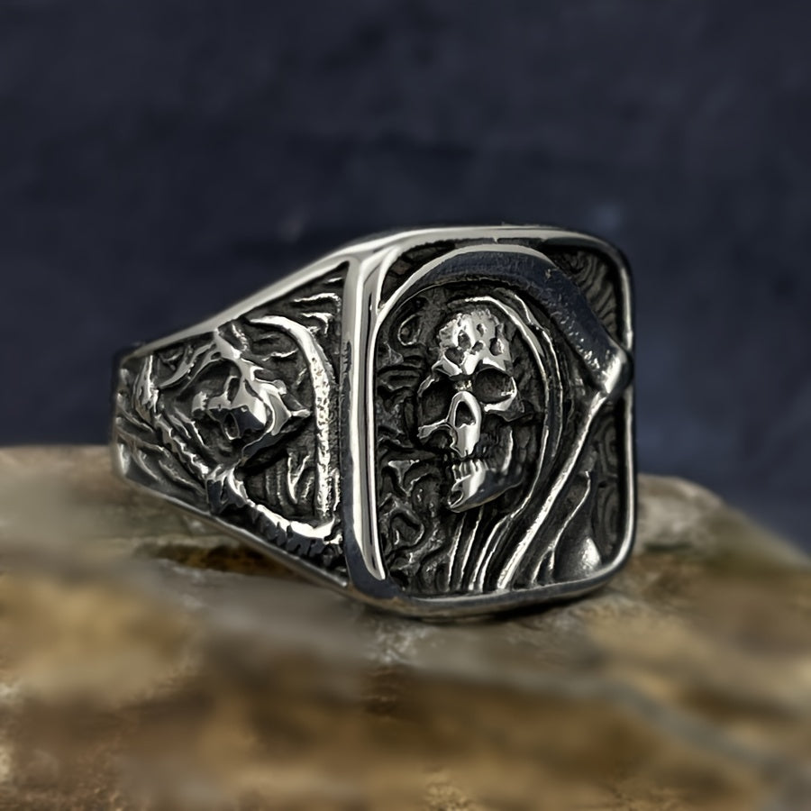 Stainless Steel Men's Ring - Vintage Punk Rock Style with Grim Reaper Skull Design, Single Piece