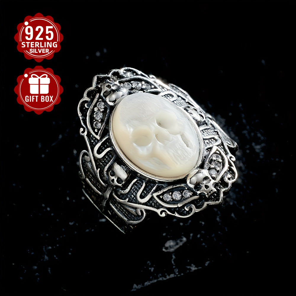 Total Weight 9.8g 1pc Women's Fashion Wide Face Ring 925 Pure Silvery Retro Gothic Style Skull Open Adjustable Ring Suitable for Daily Wear Halloween Surprise Gift First Choice, VIGG