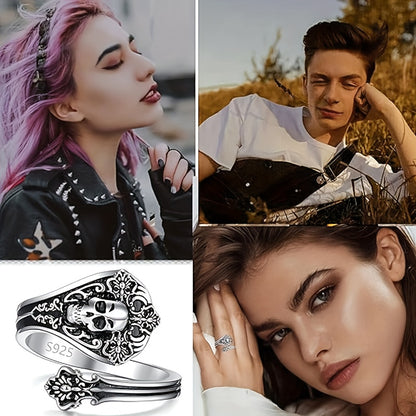 One retro gothic style skull head ring, s925 silver adjustable ring for women, suitable for daily wear, Women's jewelry gift, low allergy, silver weight 3.2g