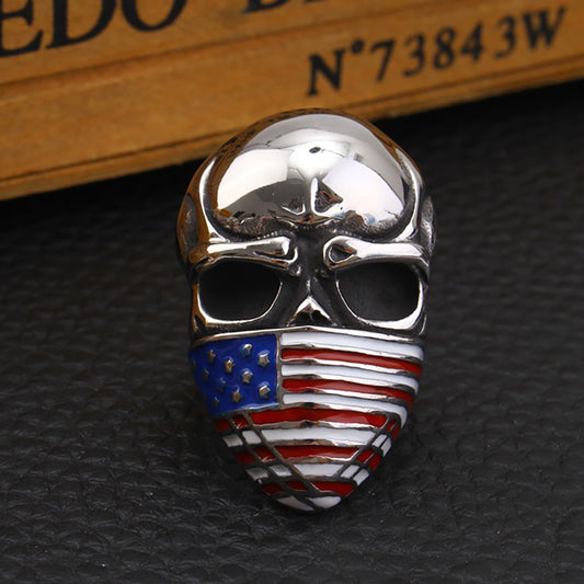 1pc Edgy American Flag Skull Ring - Stainless Steel, Vintage Punk Hip-Hop Style, Polished Finish, Ideal for Halloween & Easter Celebrations