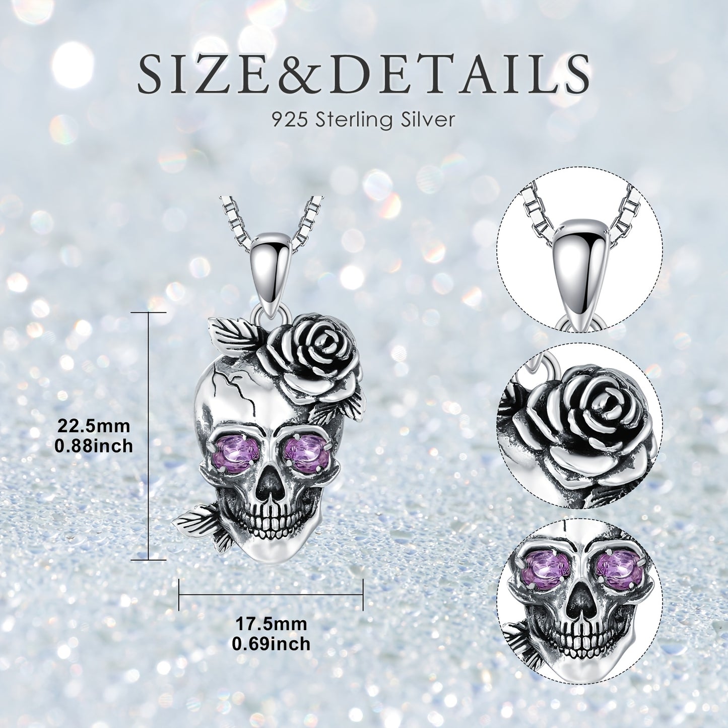 Amethyst Skull Necklace 925 Sterling Silver Gothic Rose Flower Skull Bone Pendant Necklaces Halloween Jewelry Birthday Gifts for Women