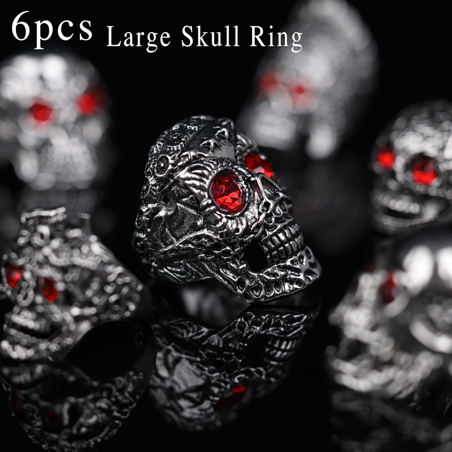 6pcs Large Skull Ring with Red Eye Stone Inlaid Vintage MetalHead Punk Ring Collection Gift Father's Day Holiday