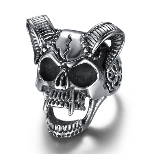 [Silver Stainless Steel Skull Ring] Vintage Silveryy Stainless Steel Sheep Head Skull Ring, European and American Punk Hip-hop Men'S Domineering Jewelry