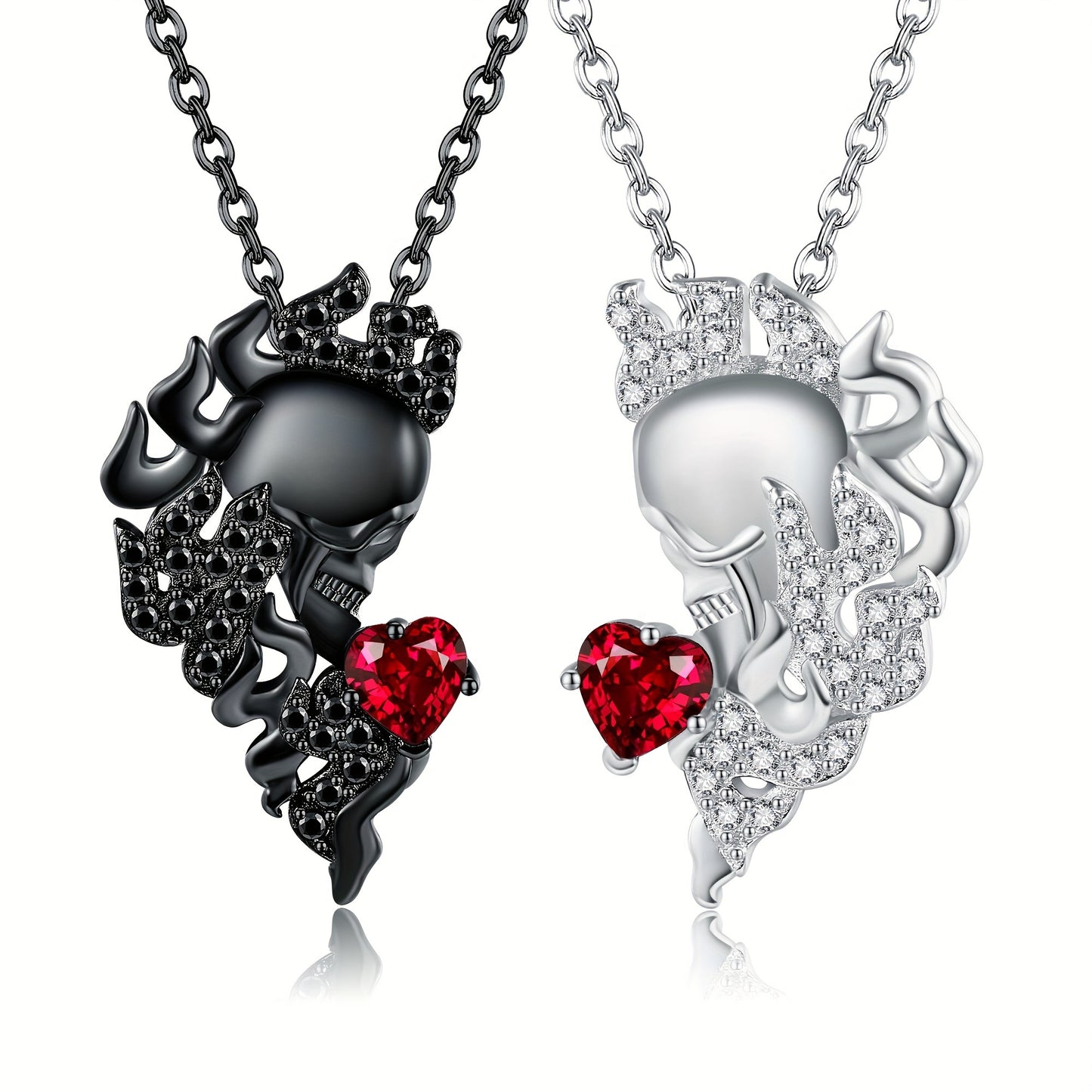 HUKKUN Skull Couple Necklace 925 Sterling Silver His And Hers Matching Necklace Heart Symbol Of Love Pendant Couples Valentine's Day Jewellery Gifts For Couple