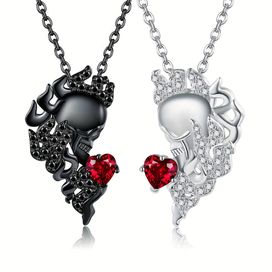 HUKKUN Skull Couple Necklace 925 Sterling Silver His And Hers Matching Necklace Heart Symbol Of Love Pendant Couples Valentine's Day Jewellery Gifts For Couple