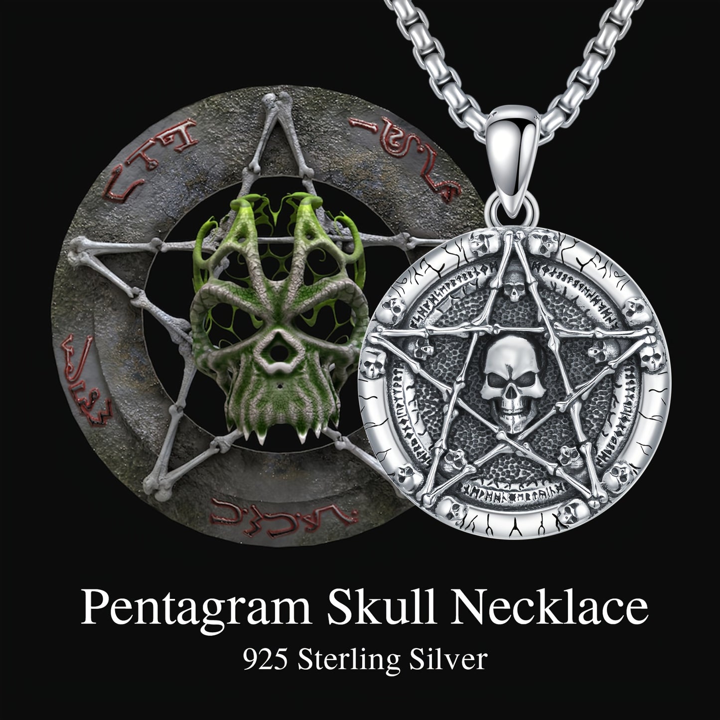 Pentagram Skull Necklace 925 Sterling Silvery Skull Bone Pendant Gothic Skull Jewelry For Men Women