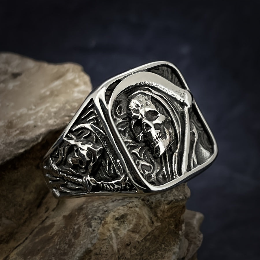 Stainless Steel Men's Ring - Vintage Punk Rock Style with Grim Reaper Skull Design, Single Piece
