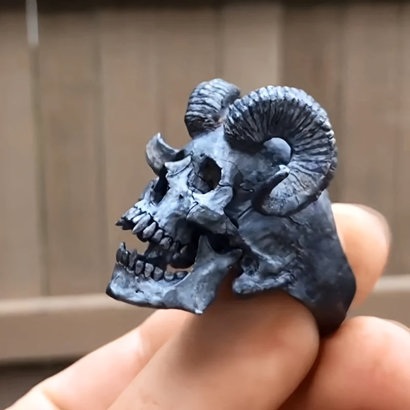 1pc Dark Retro Goth Punk Stainless Steel Ring Demon Satan Goat Skull Ring Men Neutral Motorcycle Ring Jewelry Accessories Party Jewelry