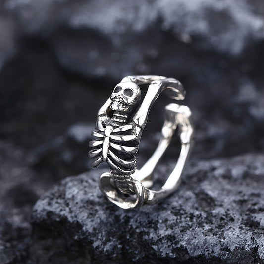 Adjustable Skull Ring, Open Band Design, Punk Biker Cocktail Gothic Fashion Jewelry, Skeleton Frame, Unisex Accessory