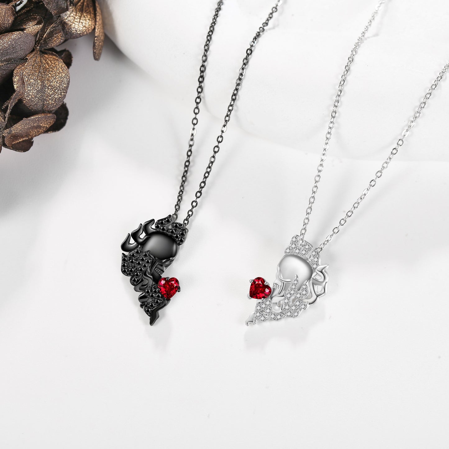 HUKKUN Skull Couple Necklace 925 Sterling Silver His And Hers Matching Necklace Heart Symbol Of Love Pendant Couples Valentine's Day Jewellery Gifts For Couple