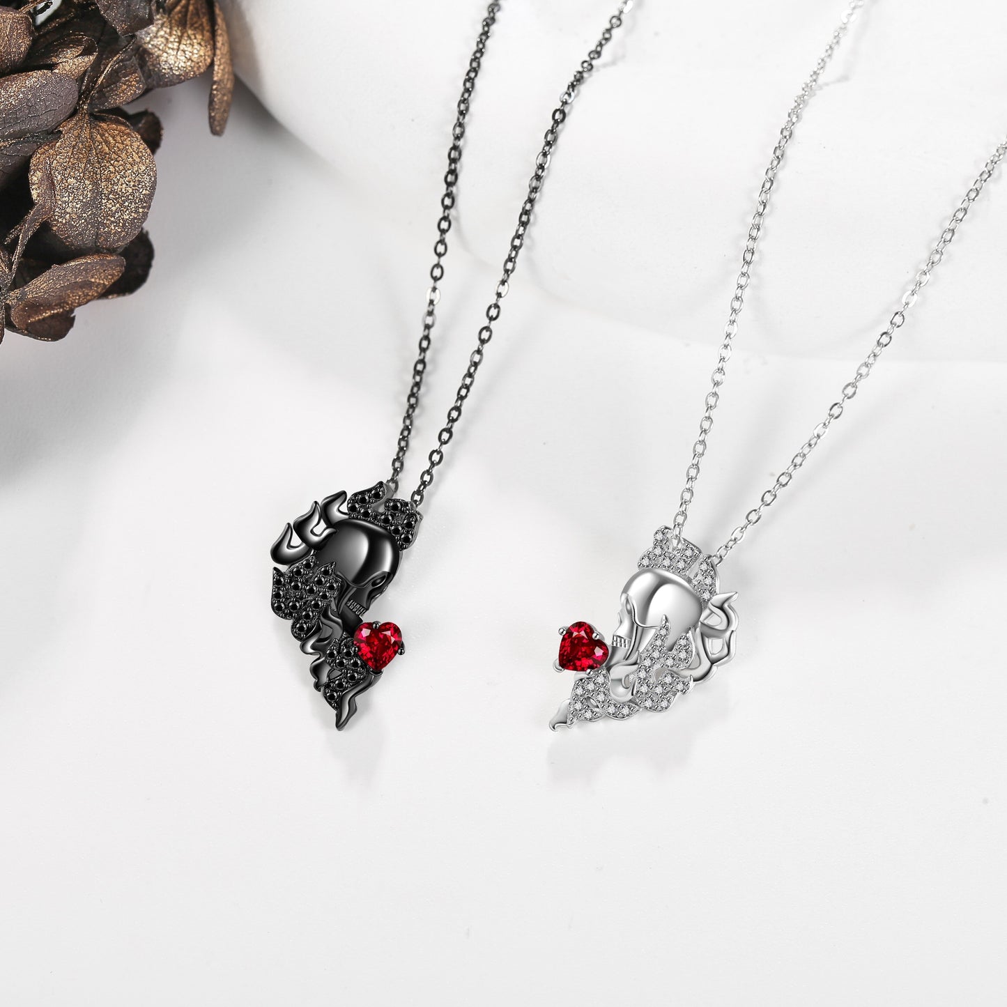 HUKKUN Skull Couple Necklace 925 Sterling Silver His And Hers Matching Necklace Heart Symbol Of Love Pendant Couples Valentine's Day Jewellery Gifts For Couple