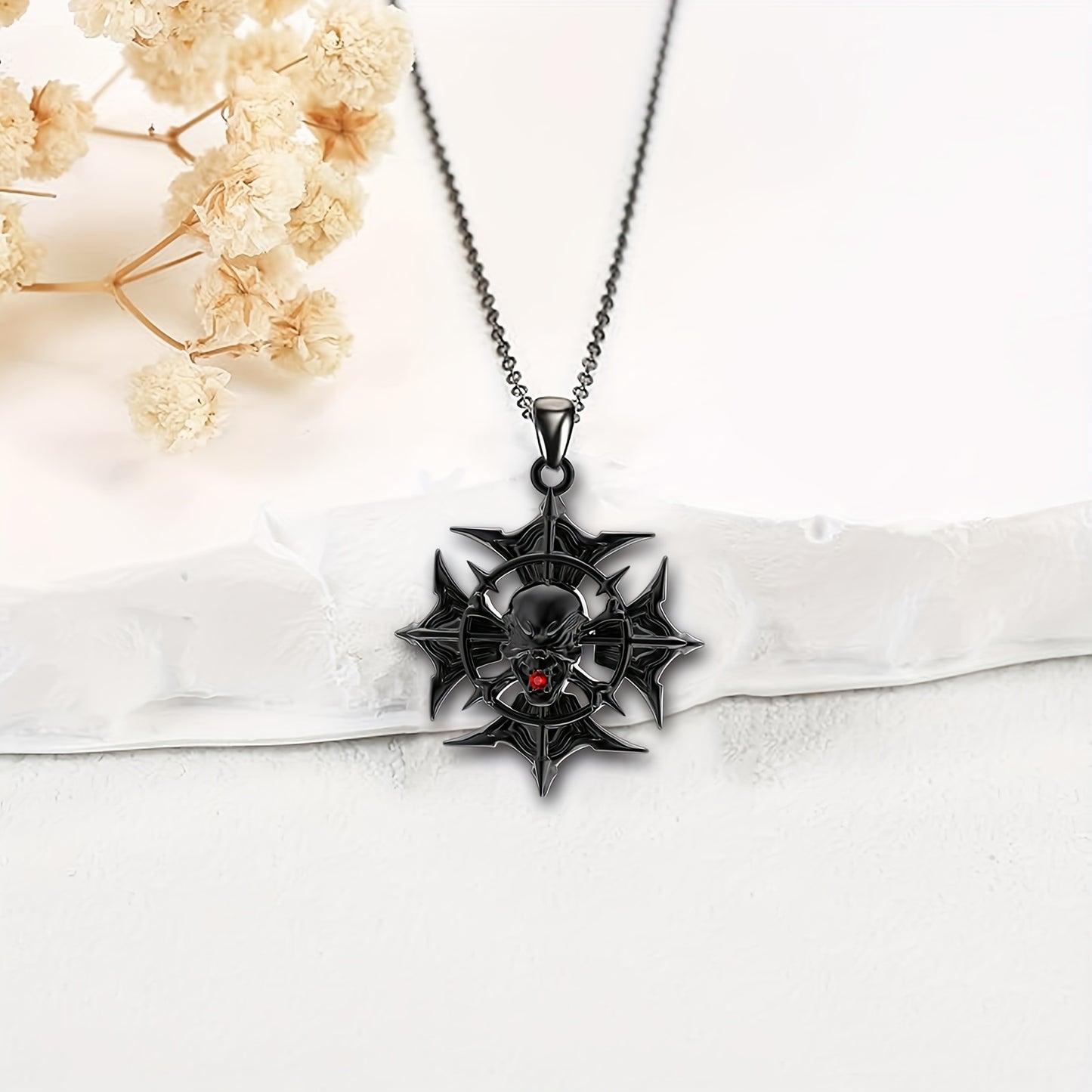 Halloween Skull Necklace For Women Sterling Silver Gothic Skeleton Necklace Black Natural Garnet Halloween Pendant Halloween Skull Jewelry Christmas Gift Mothers Day