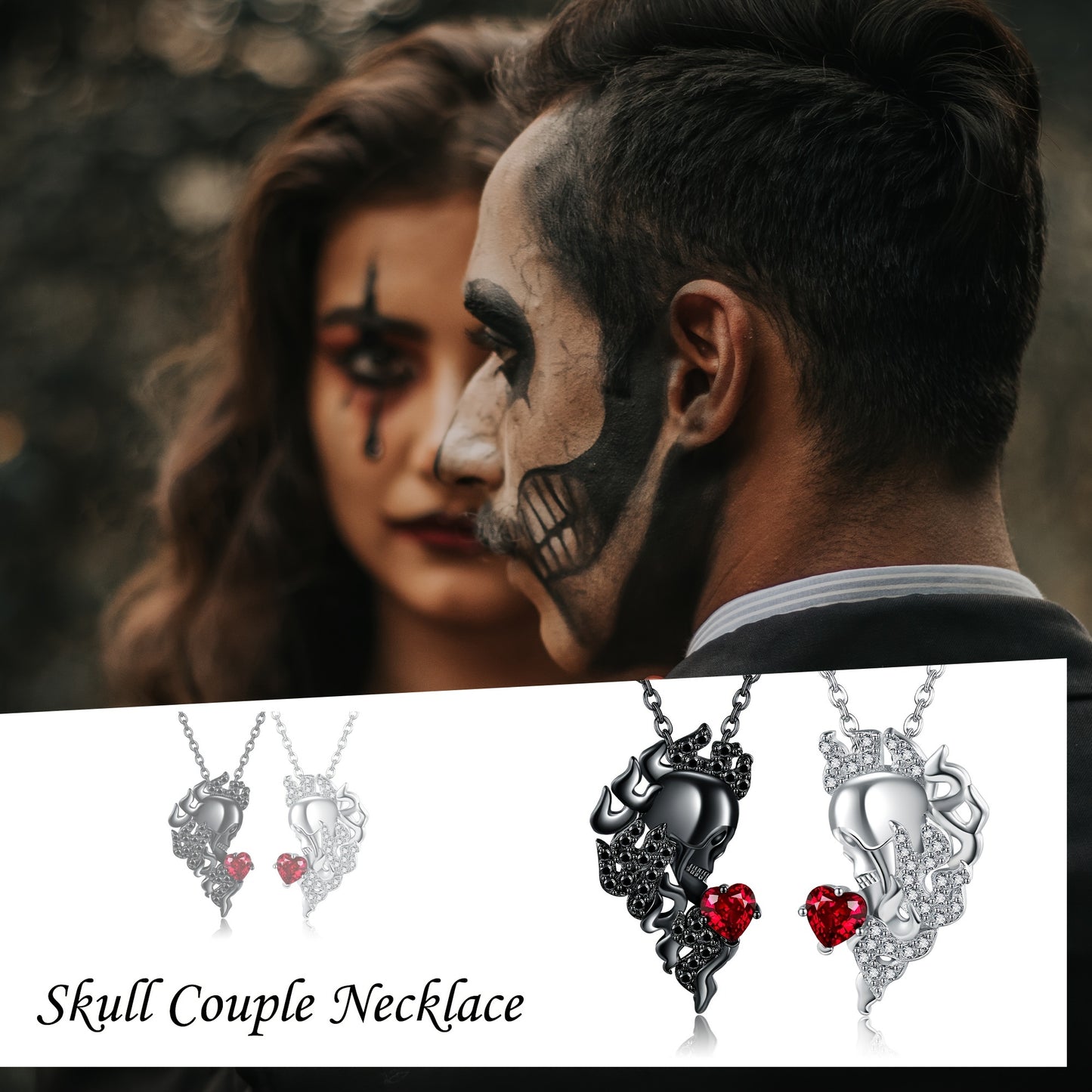 HUKKUN Skull Couple Necklace 925 Sterling Silver His And Hers Matching Necklace Heart Symbol Of Love Pendant Couples Valentine's Day Jewellery Gifts For Couple