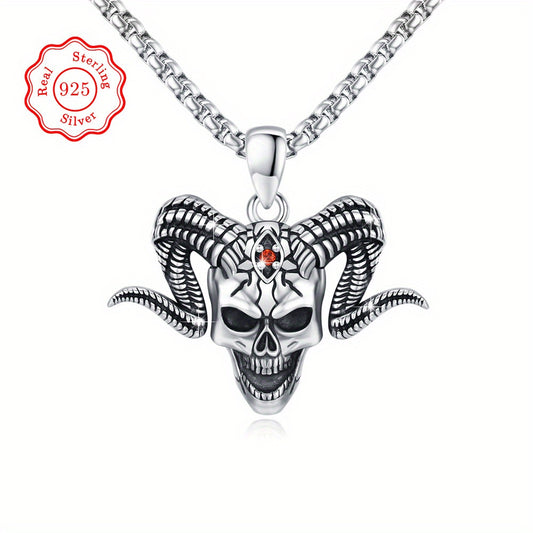 Skull Necklace for Men Satanic Necklace Skull Pendant Demon Necklace Satanic Baphomet Necklace Gothic Goat Head Jewelry Gift for Father's Day Mother's Day 925 Sterling Silver