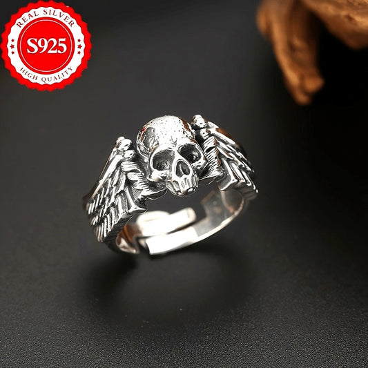 925 Sterling Silver Men's Gothic Skull Ring, Adjustable Open Band, Hip-Hop Punk Style, Unique Devil Angel Design