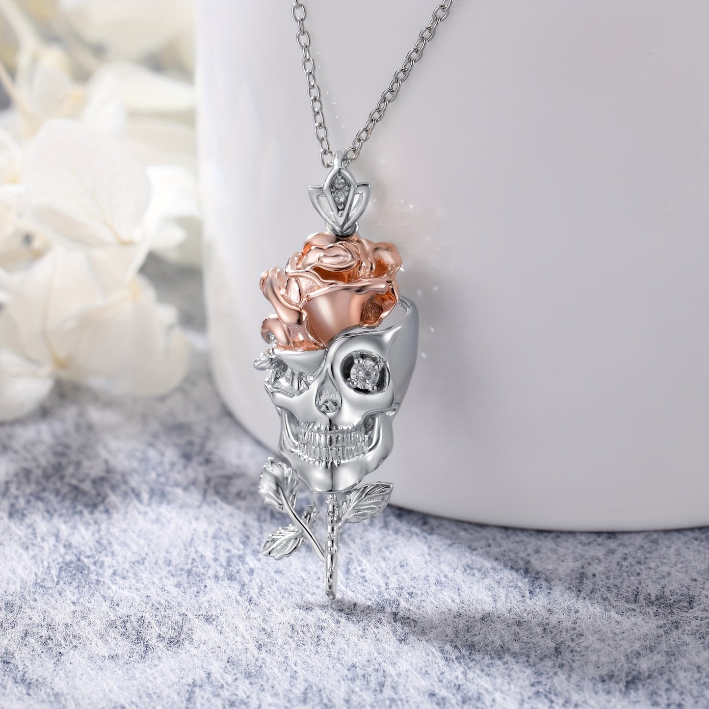 Skull Rose Necklace Pure Silvery Pendant Necklace Jewelry Gift for Wife Girlfriend