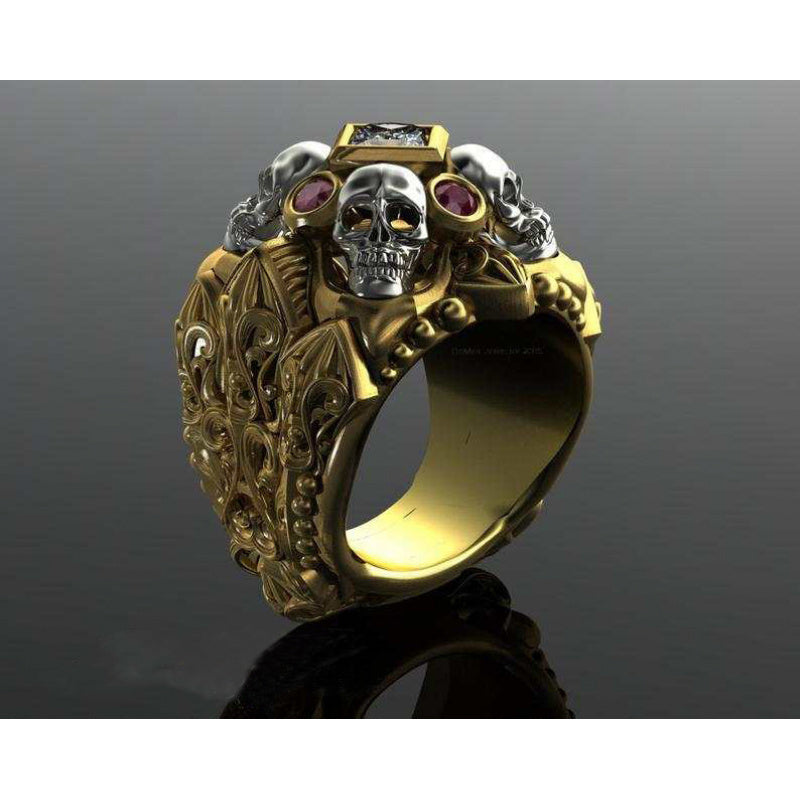 Edgy Punk Rock Skull Ring with Pink Gemstone and Golden Accents - Bold Unisex Statement Jewelry for Parties, Concerts, and Casual Attire, Punk Accessories
