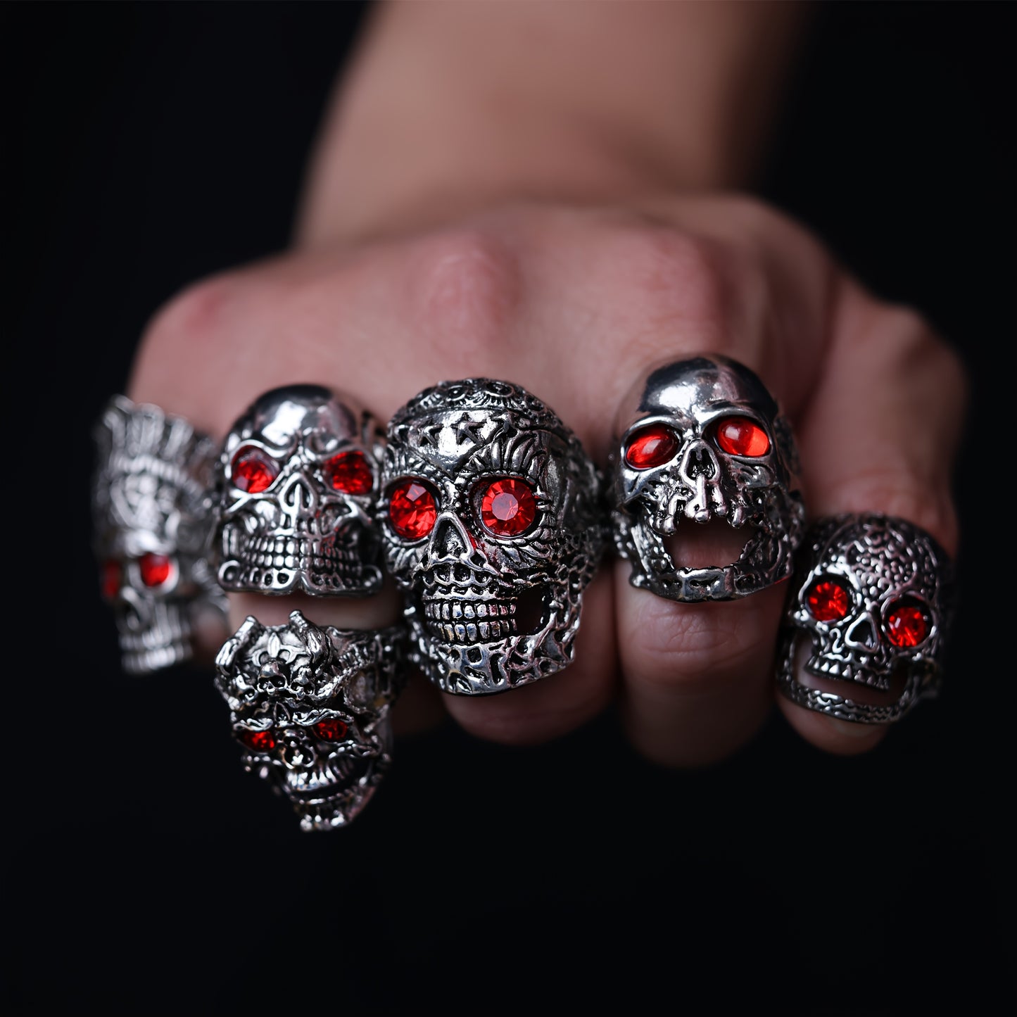 6pcs Large Skull Ring with Red Eye Stone Inlaid Vintage MetalHead Punk Ring Collection Gift Father's Day Holiday