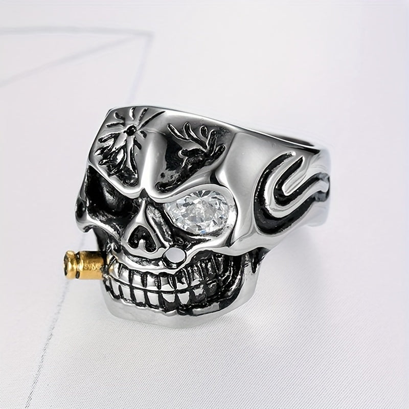 [Titanium Steel Skull Ring] Punk Style Titanium Steel Skull Ring - Glass Eye and Pipe Detail Single Ring
