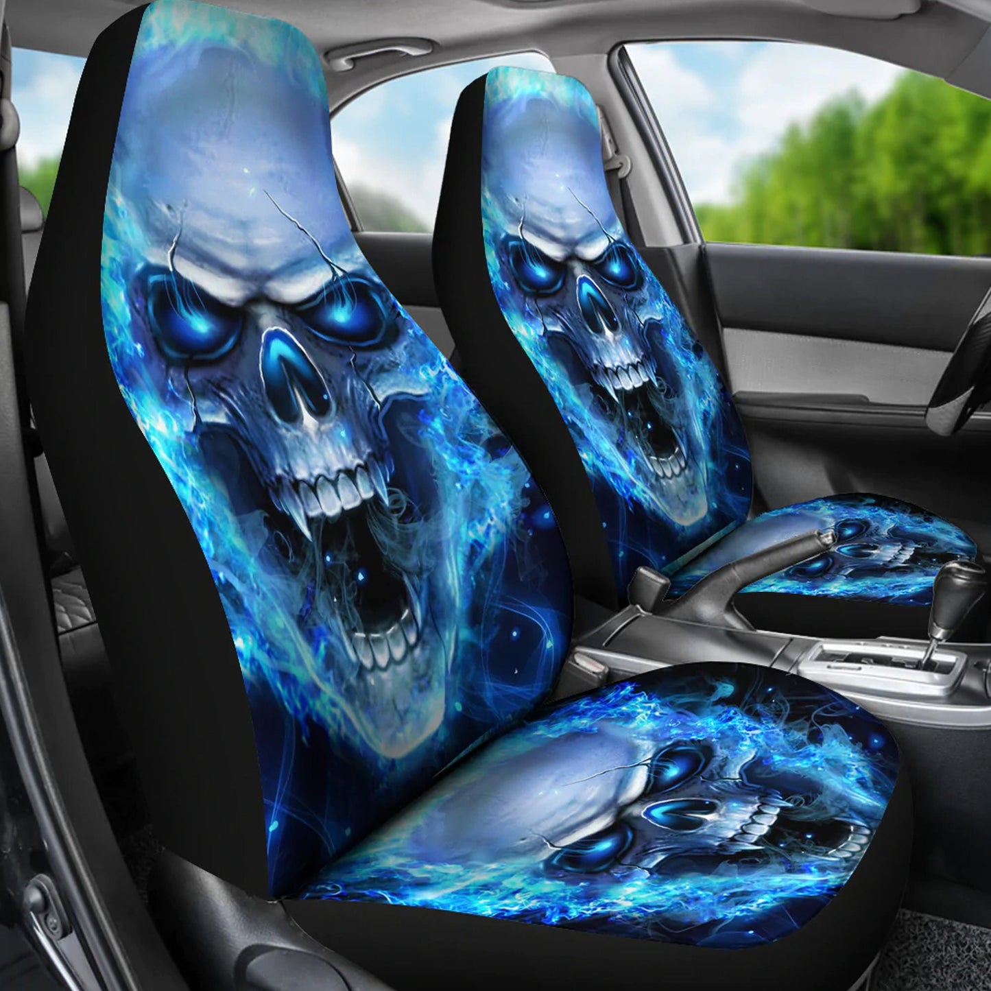 Flaming skull gothic car seat covers car mats, Skeleton fire car mat seat covers, Halloween grim reaper car mat car accessories seat covers