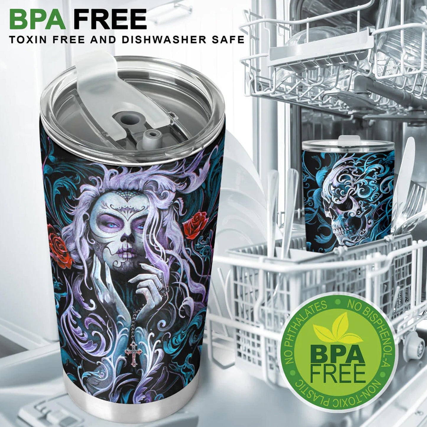 Day of the dead tumbler, sugar skull girl mug tumbler, Dia de los muertos skull tumbler mug cup, candy skull girl gothic mug cup tumblers