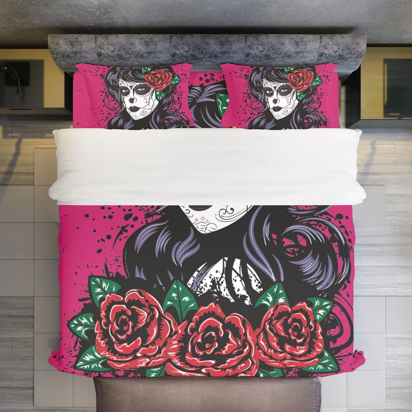 4pcs Sugar skull girl bedding duvet cover, day of the dead bedding set, dia de los muertos candy skull duvet cover bedding pillow covers