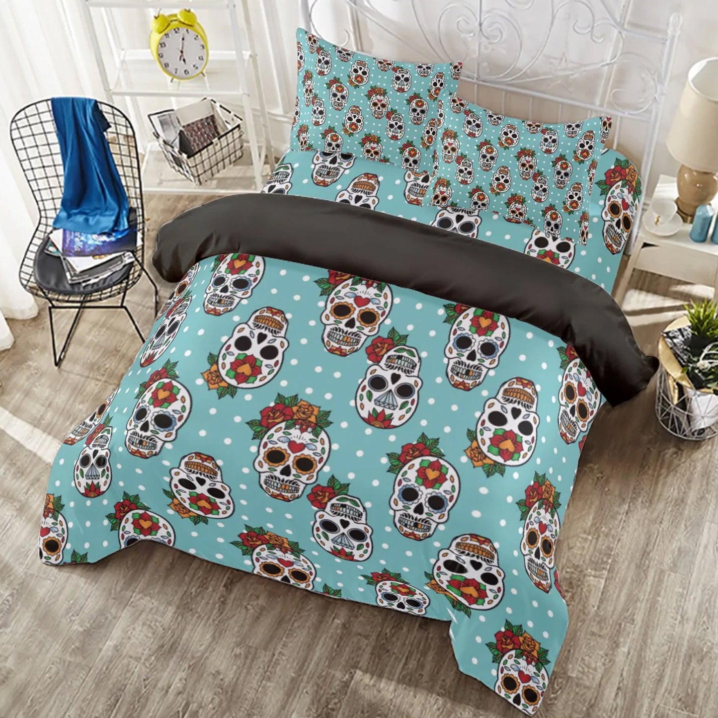 4pcs Sugar skull pattern bedding duvet cover, day of the dead bedding set, dia de los muertos candy skull duvet cover bedding pillow covers