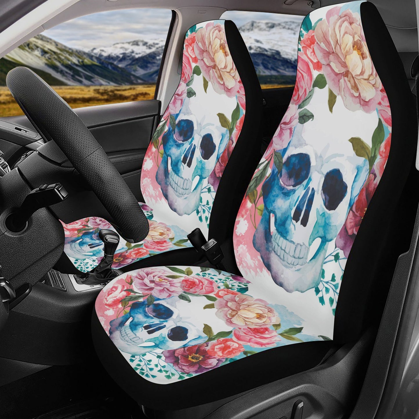 Floral skull Car Seat Covers car mats, rose skull car seat cover mats, Dia de los muertos gothic candy skull car seat protector covers mats