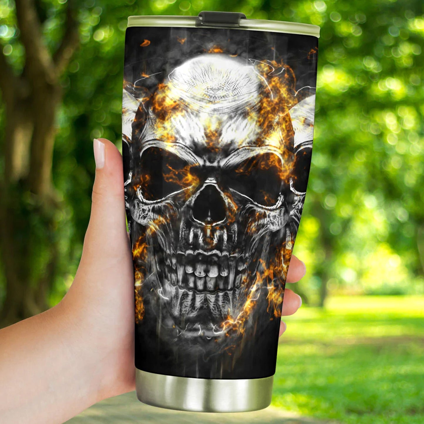 Flaming gothic skull tumbler, skull cup mug, skull travel tumbler fire skull mug tumbler Halloween skull tumbler grim reaper gothic mug cup