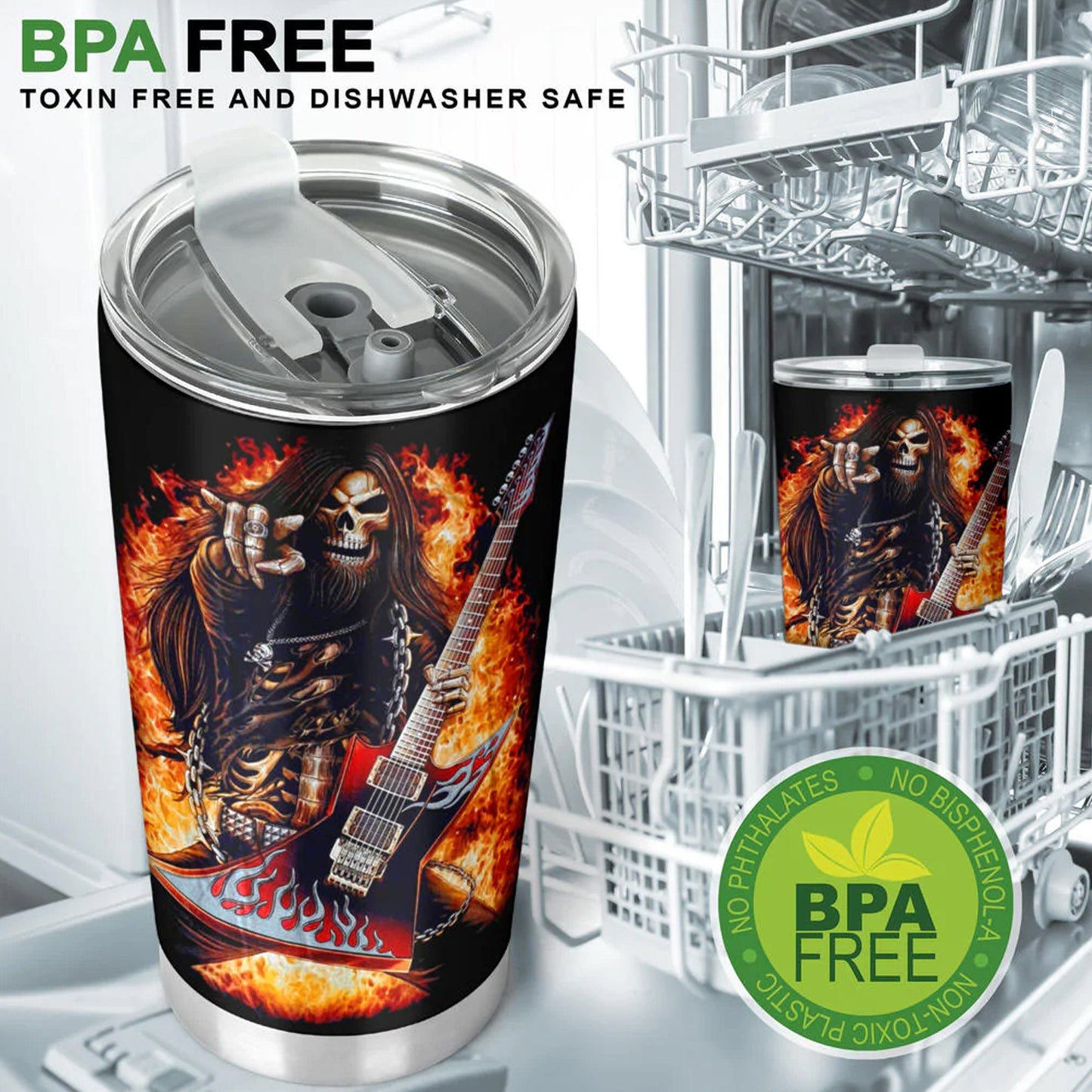 Grim reaper guitarist skull tumbler Halloween skull cup mug, skull travel tumbler Gothic  skull mug tumbler skeleton guitarist skull mug cup