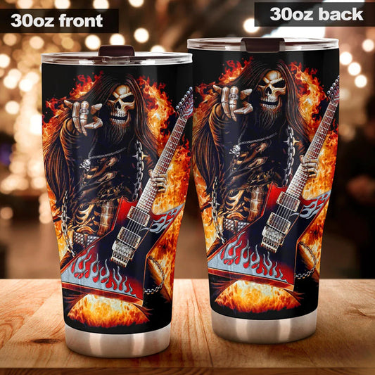 Grim reaper guitarist skull tumbler Halloween skull cup mug, skull travel tumbler Gothic  skull mug tumbler skeleton guitarist skull mug cup