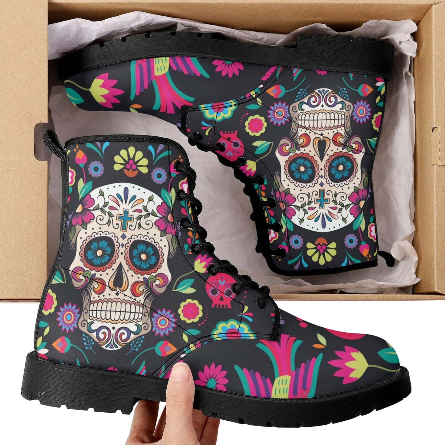 Sugar skull leather boots, day of the dead boots for men women sugar skull women's boots, candy skull women's boots, Calaveras leather boots