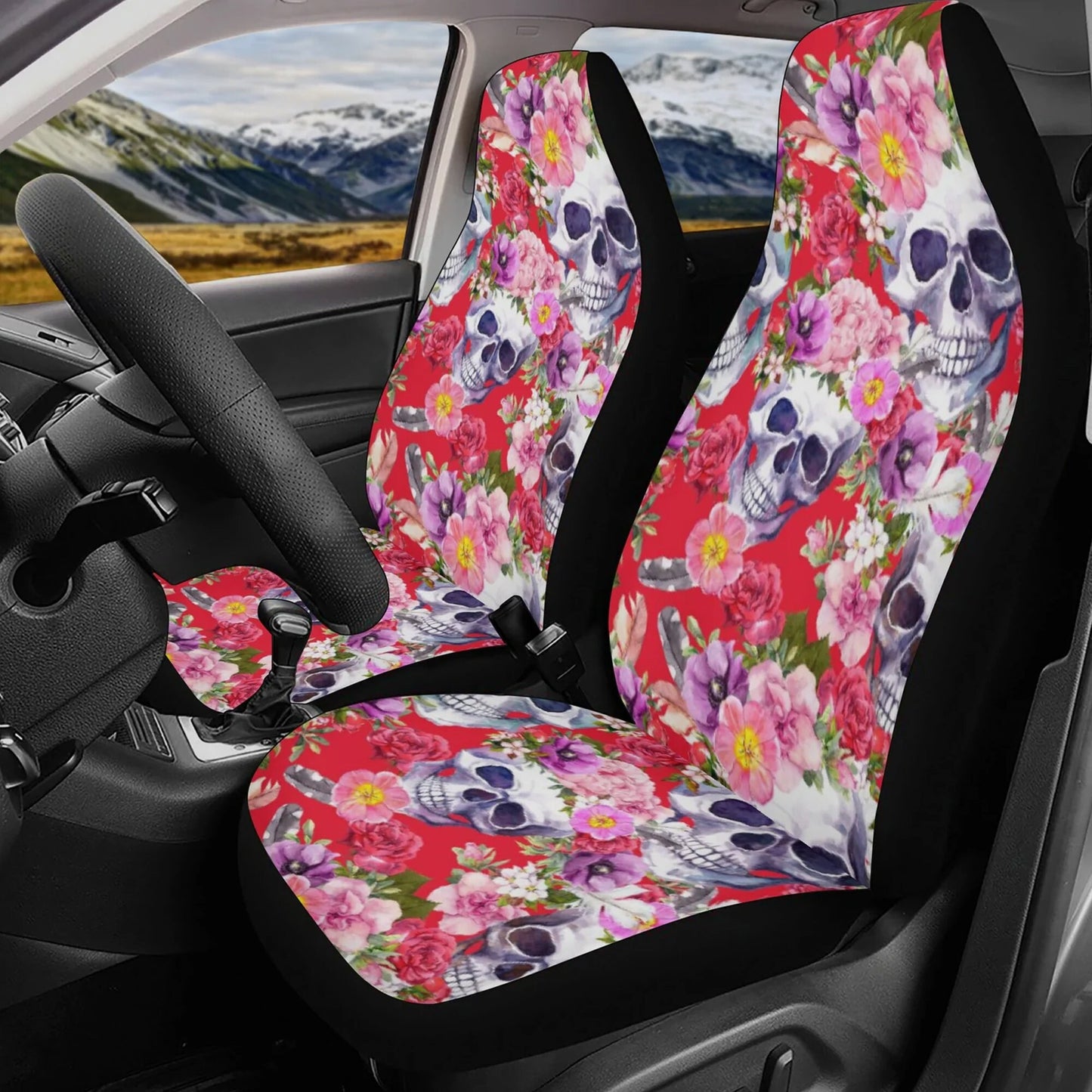 Floral skull Car Seat Covers car mats, Halloween gothic rose skull car seat cover mats, skeleton grim reaper car accessories covers mats