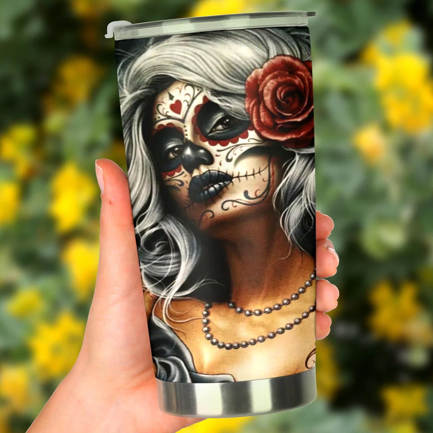 Sugar skull girl tumbler, Mexican skull girl mug tumbler, Dia de los muertos skull day of the dead skull girl gothic travel mug cup tumblers