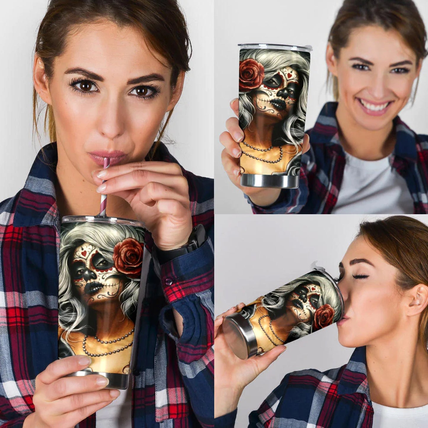 Sugar skull girl tumbler, Mexican skull girl mug tumbler, Dia de los muertos skull day of the dead skull girl gothic travel mug cup tumblers