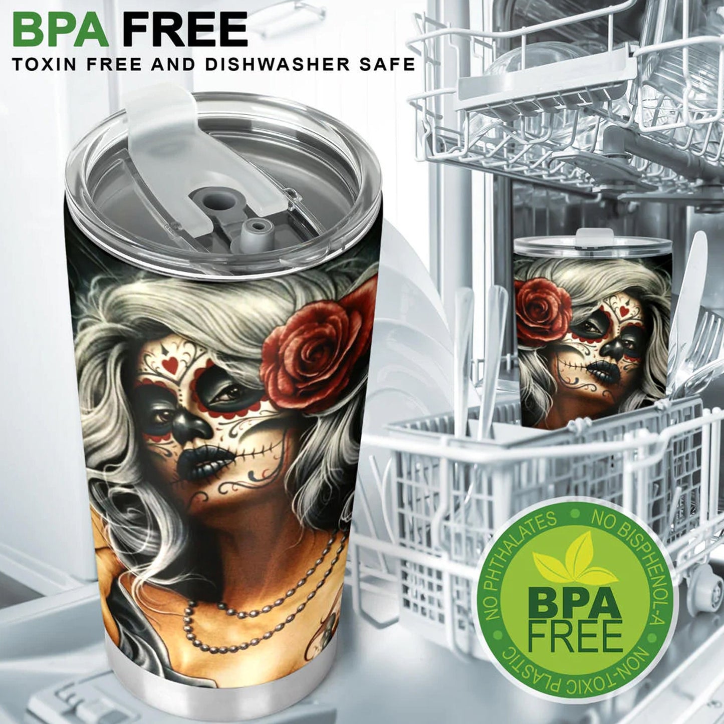 Sugar skull girl tumbler, Mexican skull girl mug tumbler, Dia de los muertos skull day of the dead skull girl gothic travel mug cup tumblers