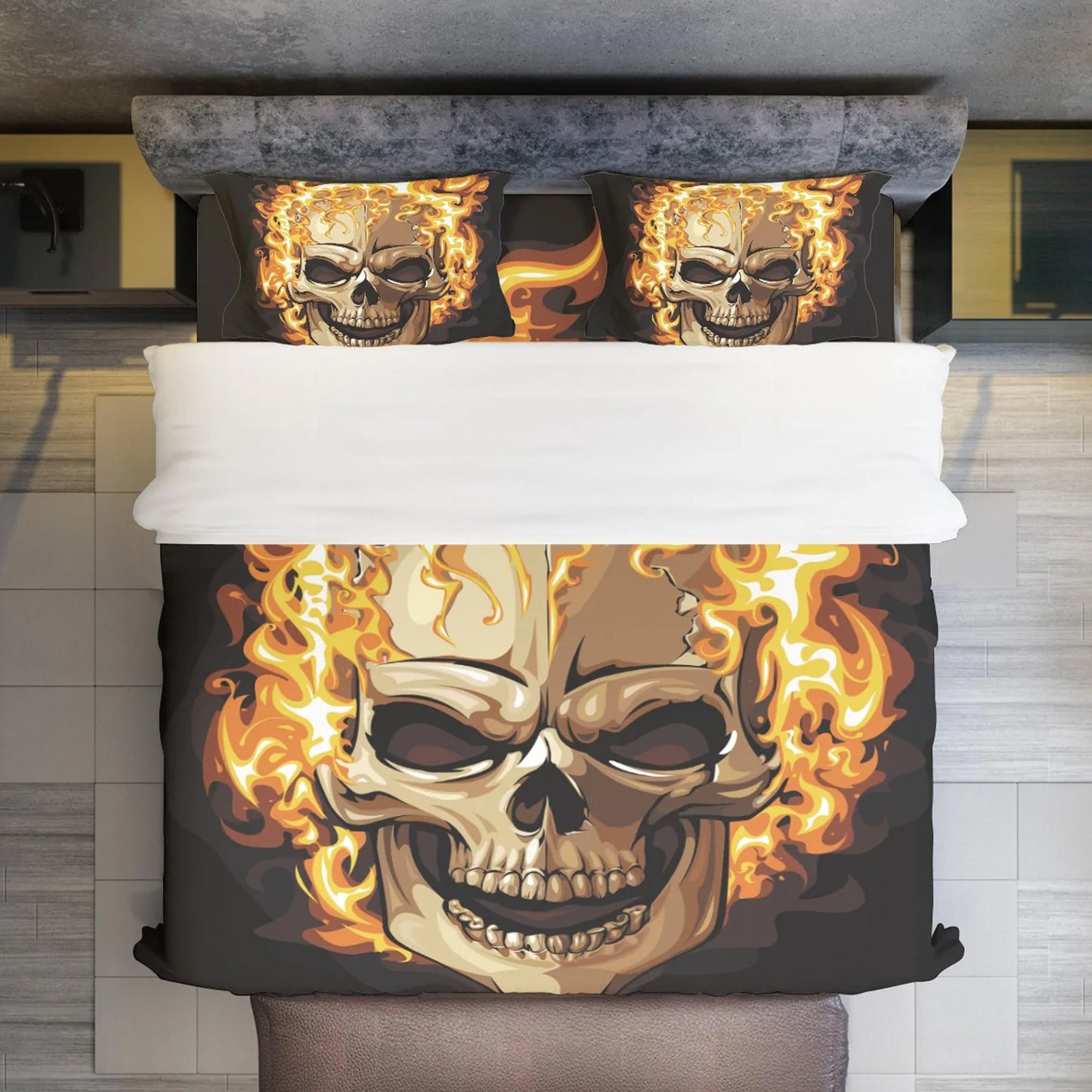 4pcs Flaming skull bedding duvet cover set, Halloween gothic fire bedding cover set, skeleton candy skull duvet cover bedding pillow covers