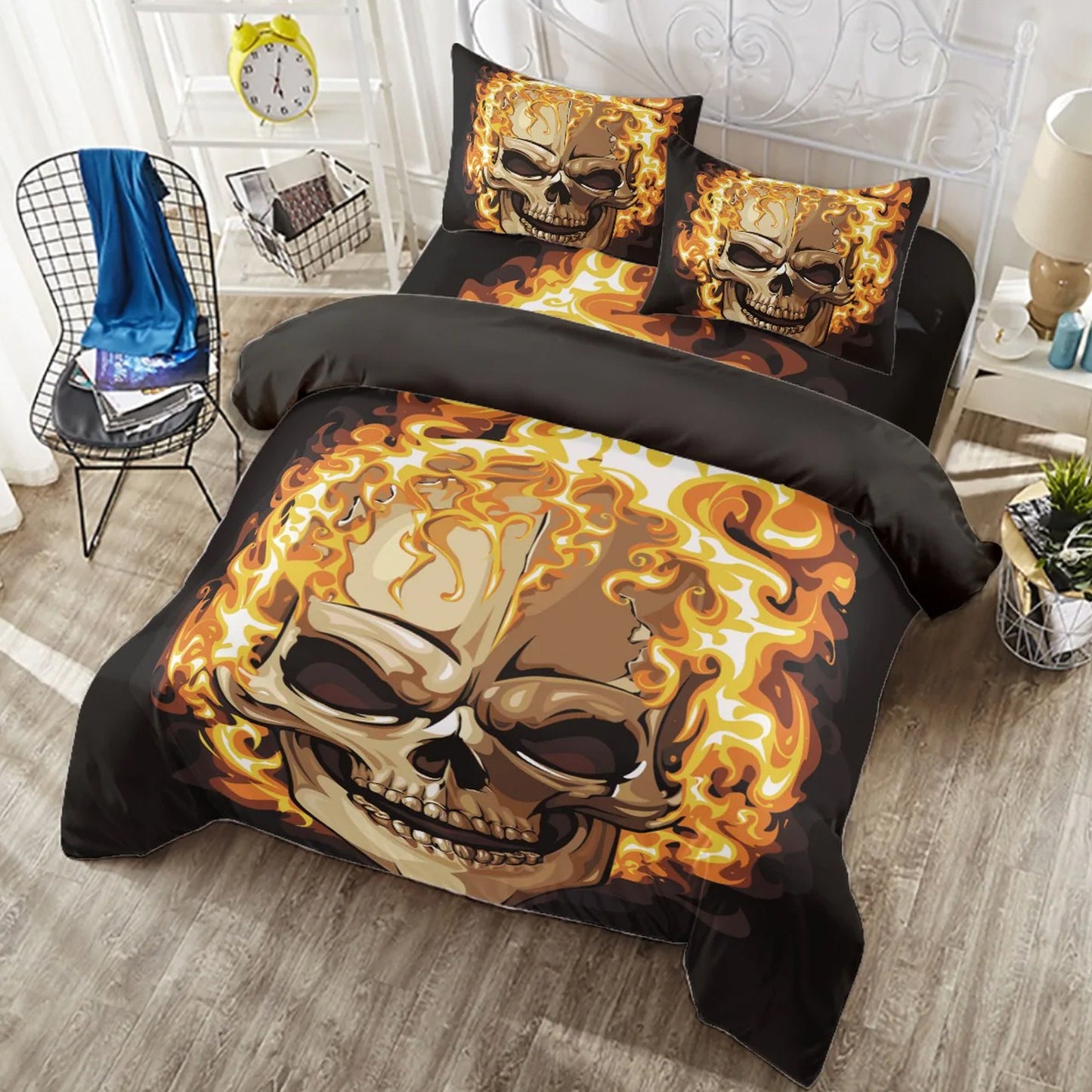 4pcs Flaming skull bedding duvet cover set, Halloween gothic fire bedding cover set, skeleton candy skull duvet cover bedding pillow covers