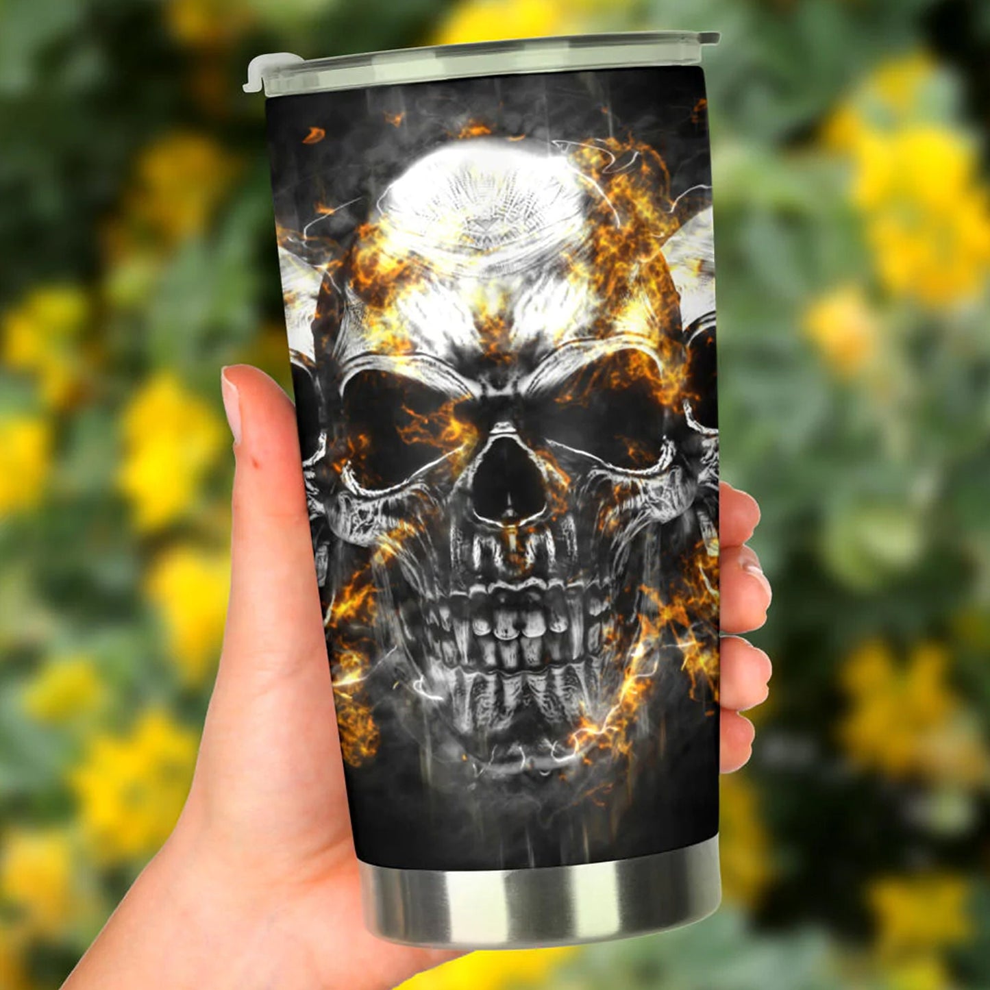 Flaming gothic skull tumbler, skull cup mug, skull travel tumbler fire skull mug tumbler Halloween skull tumbler grim reaper gothic mug cup