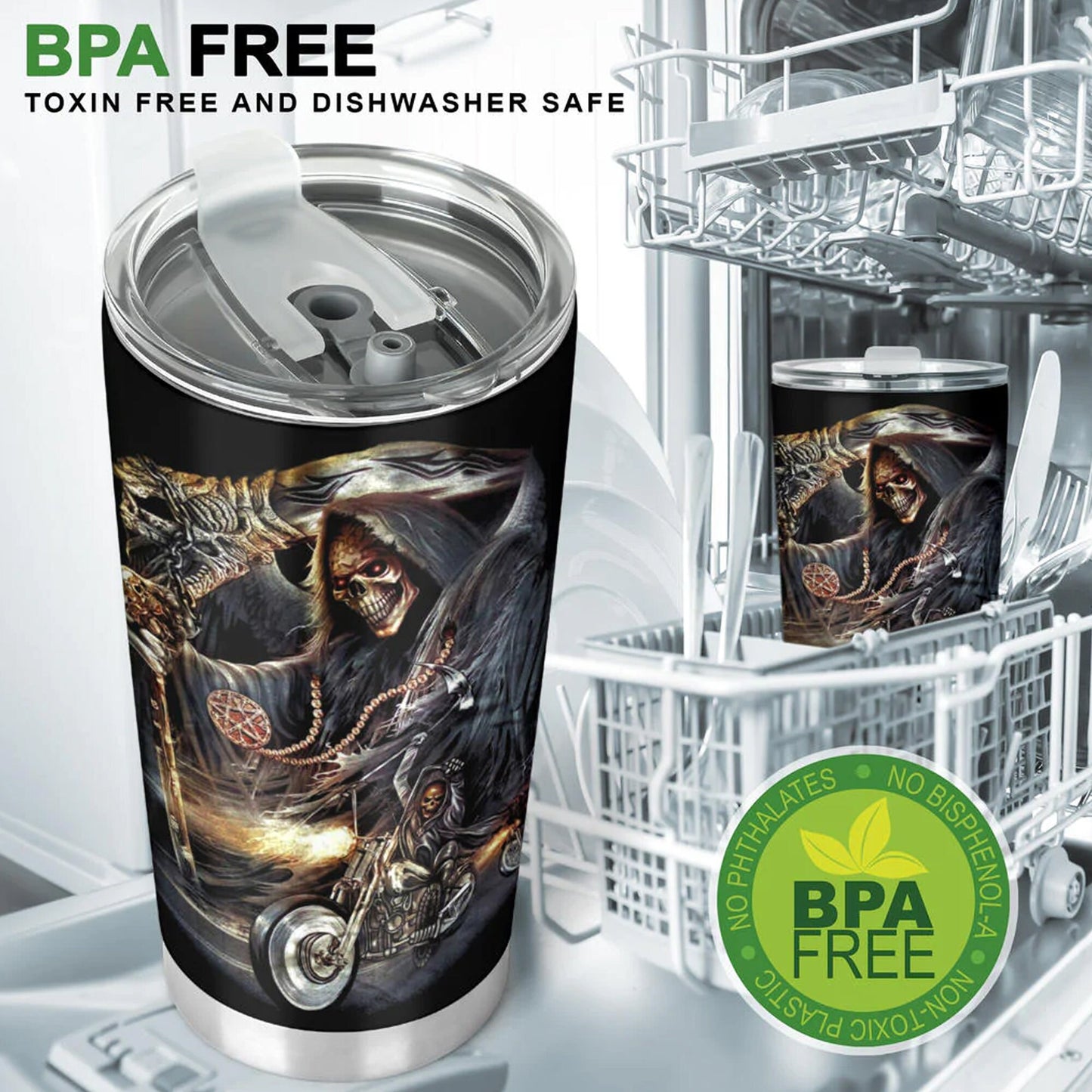 Grim reaper skull tumbler, Biker skull cup mug, skull travel tumbler Gothic  skull mug tumbler, biker tumbler grim reaper gothic mug cup