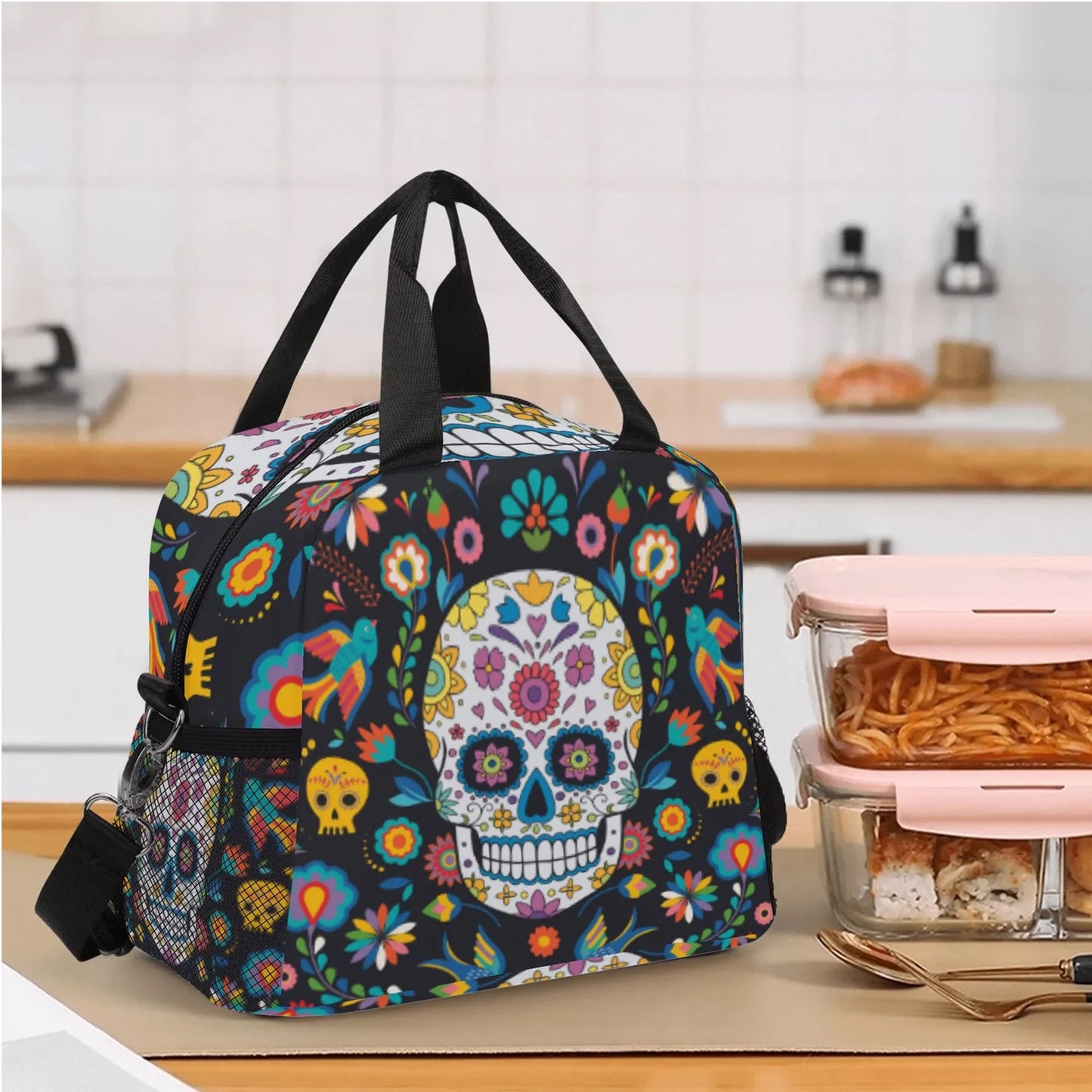 Sugar skull lunch bag, day of the dead lunch bag, sugar skull lunch box, sugar lunch tote, day of the dead lunch tote, candy skull lunch bag