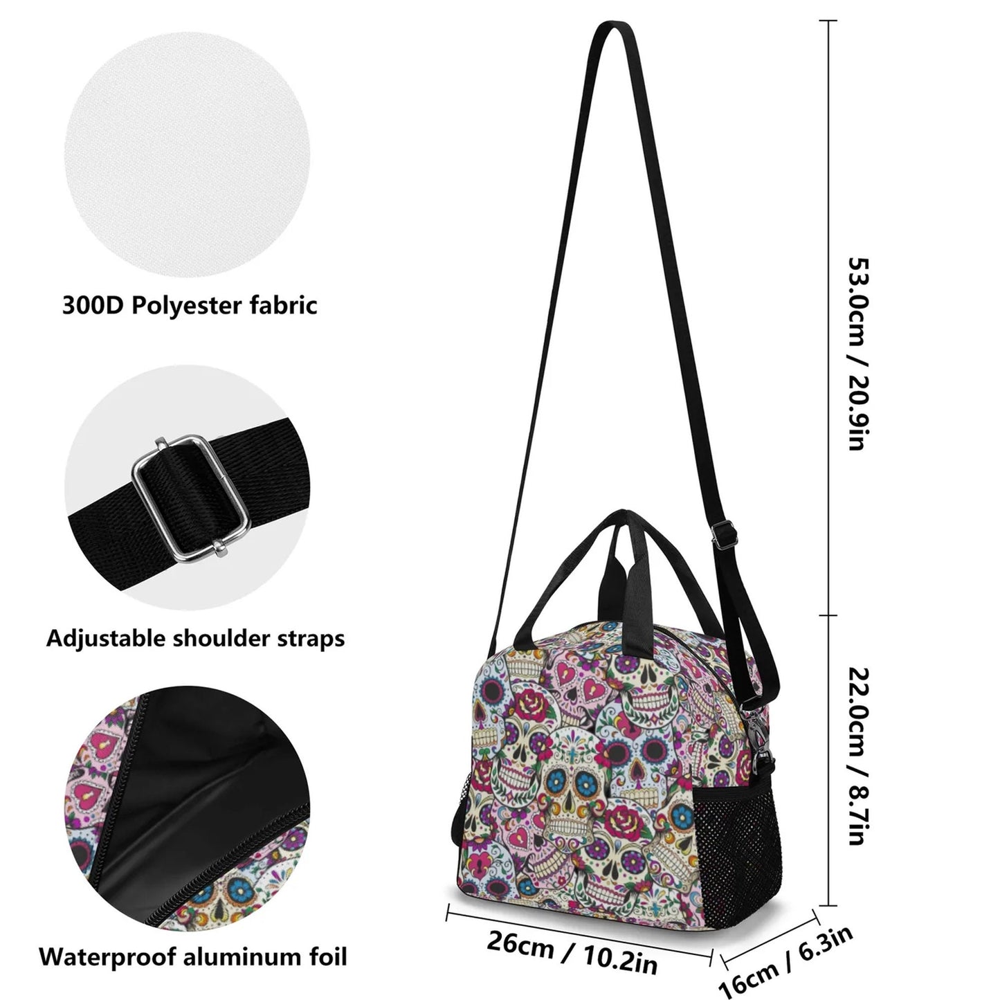 Sugar skull lunch bag, day of the dead lunch bag, sugar skull lunch box, sugar lunch tote, day of the dead lunch tote, candy skull lunch bag